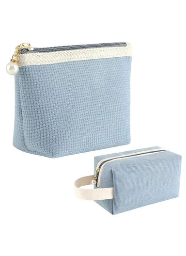 2Pcs/Set Corduroy Makeup Organizer Bag Travel Cosmetic Pouch for Women 069+070 - Mist Blue