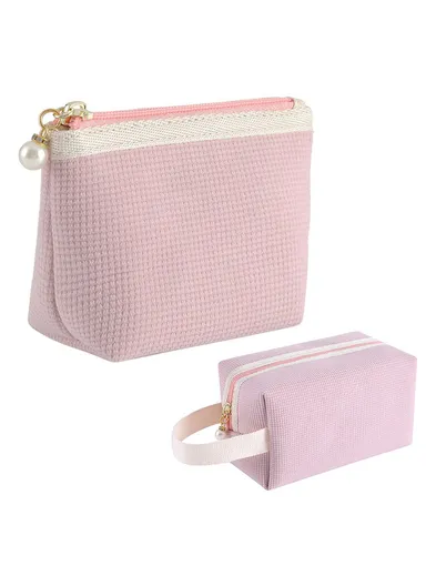 2Pcs/Set Corduroy Makeup Organizer Bag Travel Cosmetic Pouch for Women 069+070 - Pink