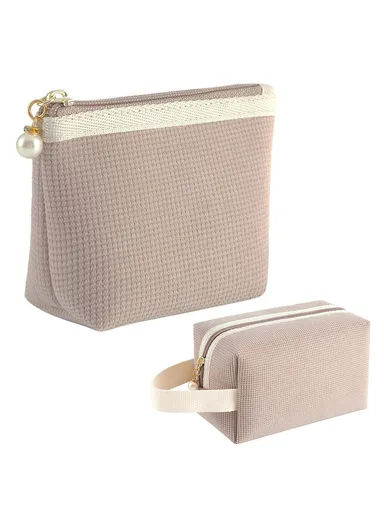 2Pcs/Set Corduroy Makeup Organizer Bag Travel Cosmetic Pouch for Women 069+070 - Light Khaki
