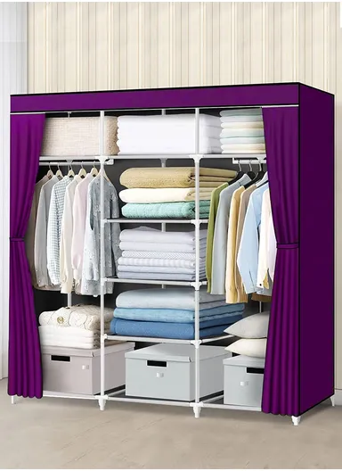 Large Capacity Plastic &amp; Stainless Steel Portable Wardrobe Storage Cabinet CL-150 (W150 x D45 x H170)cm - Purple