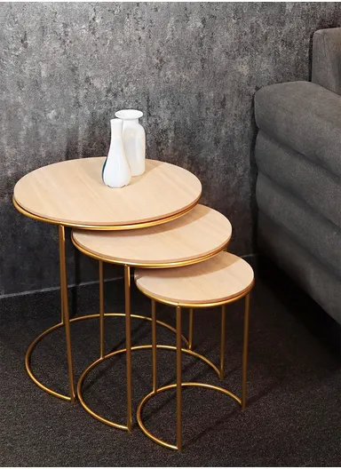 3Pcs/Set Round Coffee Tables Wood Top Home with Golden Legs for Sofa Bedside XJ-114