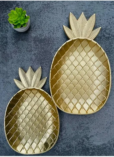 2-Pcs Golden Decorative Pineapple Tray, Perfume Makeup Cabinet Tray Jewelry Cosmetic Organizer, Decor Serving Tray HJ-1087-2