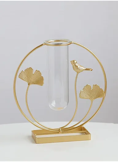 Glass Test Tube Planter Hydroponic Plant Flower Vase with Iron Stand, (W20 x H21)cm - Gold