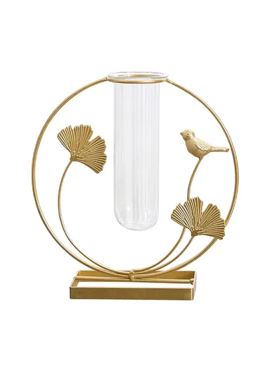 Glass Test Tube Planter Hydroponic Plant Flower Vase with Iron Stand, (W20 x H21)cm - Gold