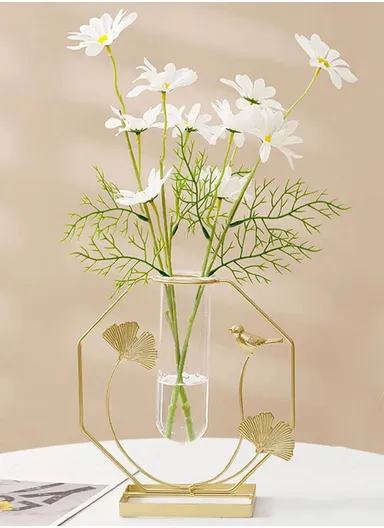 Glass Test Tube Planter Hydroponic Plant Flower Vase with Iron Stand, (W20 x H21)cm - Gold