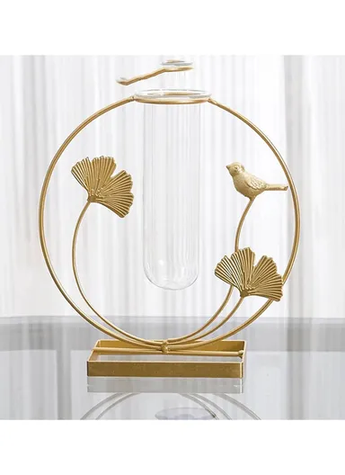 Glass Test Tube Planter Hydroponic Plant Flower Vase with Iron Stand, (W20 x H21)cm - Gold