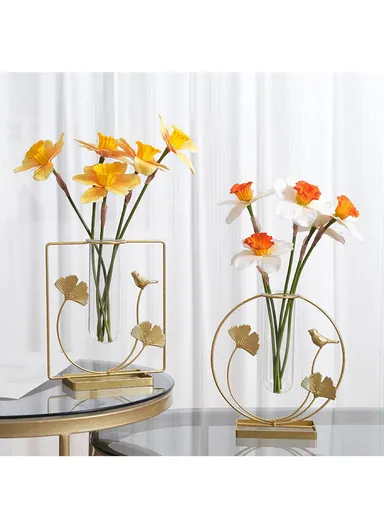 Glass Test Tube Planter Hydroponic Plant Flower Vase with Iron Stand, (W20 x H21)cm - Gold