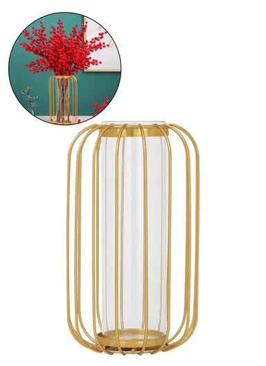Flower Vase with Gold Metal Stand, Desktop Plant Vases with Glass Tube for Home Office &amp; Decoration (D11 x H17) - Gold