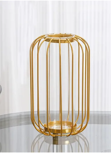 Flower Vase with Gold Metal Stand, Desktop Plant Vases with Glass Tube for Home Office &amp; Decoration (D11 x H17) - Gold
