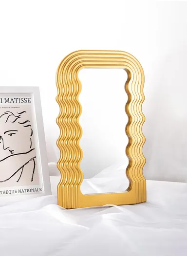 Wave Pattern Makeup Mirror, Decorative Wall Mirror, Irregular Frame Mirror for Bathroom, Bedroom, Living Room &amp; Entryway S-2026 (L42 x W25 x T3)cm - Gold