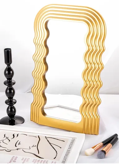 Wave Pattern Makeup Mirror, Decorative Wall Mirror, Irregular Frame Mirror for Bathroom, Bedroom, Living Room &amp; Entryway S-2026 (L42 x W25 x T3)cm - Gold