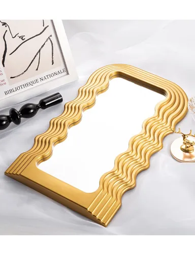 Wave Pattern Makeup Mirror, Decorative Wall Mirror, Irregular Frame Mirror for Bathroom, Bedroom, Living Room &amp; Entryway S-2026 (L42 x W25 x T3)cm - Gold