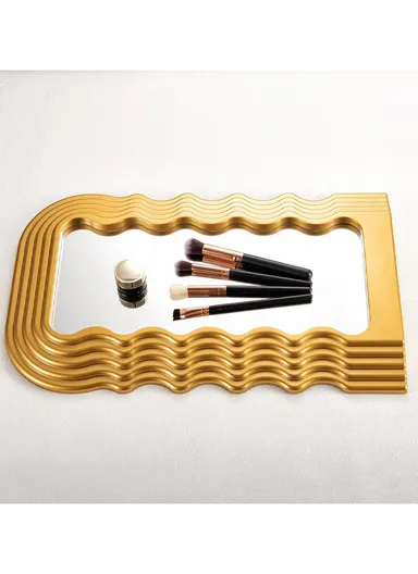 Wave Pattern Makeup Mirror, Decorative Wall Mirror, Irregular Frame Mirror for Bathroom, Bedroom, Living Room &amp; Entryway S-2026 (L42 x W25 x T3)cm - Gold