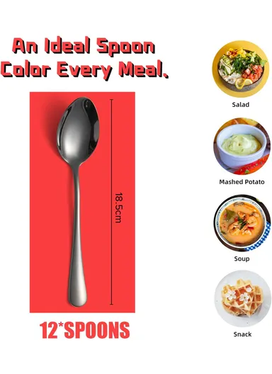 12 Pieces SS304 Tea Spoon Set (L18)cm M - Black