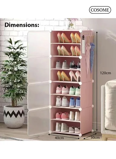 8-Layer 4 Cubes Shoe Rack Stand Plastic Storage Organizer Cabinet (W40 x D30 x H120)cm - Pink