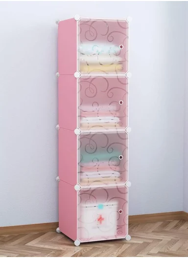 4-Layer 4 Cubes Heavy-Duty Clothes Stand, Wardrobe Organizer Storage Box (W35 x D35 x H140)cm - Pink