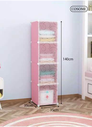 4-Layer 4 Cubes Heavy-Duty Clothes Stand, Wardrobe Organizer Storage Box (W35 x D35 x H140)cm - Pink
