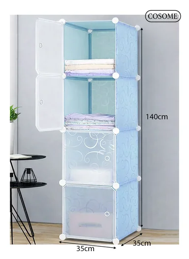 4-Layer 4 Cubes Heavy-Duty Clothes Stand, Wardrobe Organizer Storage Box (W35 x D35 x H140)cm - Blue
