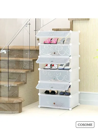 6 Levels Shoe Rack Cube Organizer DIY Plastic Storage Organizer Cabinet (W48 x D37 x H120)cm- White