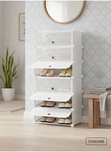 6 Levels Shoe Rack Cube Organizer DIY Plastic Storage Organizer Cabinet (W48 x D37 x H120)cm- White