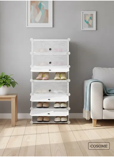 6 Levels Shoe Rack Cube Organizer DIY Plastic Storage Organizer Cabinet (W48 x D37 x H120)cm- White