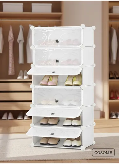 6 Levels Shoe Rack Cube Organizer DIY Plastic Storage Organizer Cabinet (W48 x D37 x H120)cm- White
