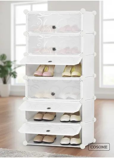 6 Levels Shoe Rack Cube Organizer DIY Plastic Storage Organizer Cabinet (W48 x D37 x H120)cm- White
