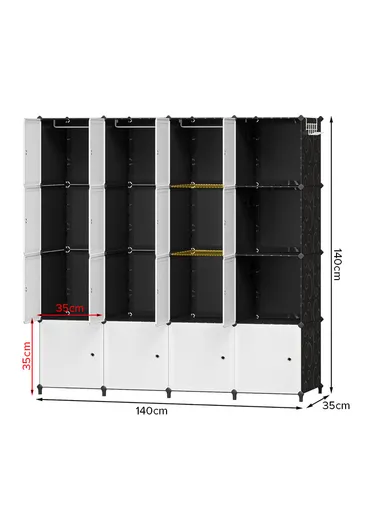 4 Shelves 16 Cubes DIY Clothing Mixed Colors Plastic Storage Cabinet with 3 Hanging Rods (W140 x D35 x H140)cm - Black