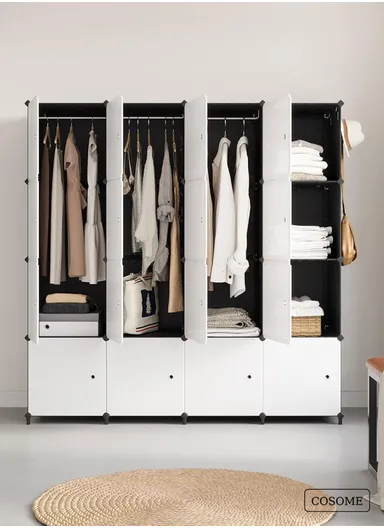 4 Shelves 16 Cubes DIY Clothing Mixed Colors Plastic Storage Cabinet with 3 Hanging Rods (W140 x D35 x H140)cm - Black