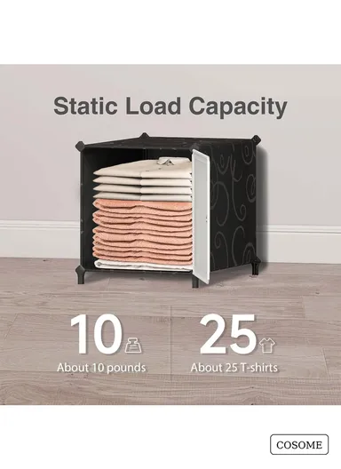 4 Shelves 16 Cubes DIY Clothing Mixed Colors Plastic Storage Cabinet with 3 Hanging Rods (W140 x D35 x H140)cm - Black