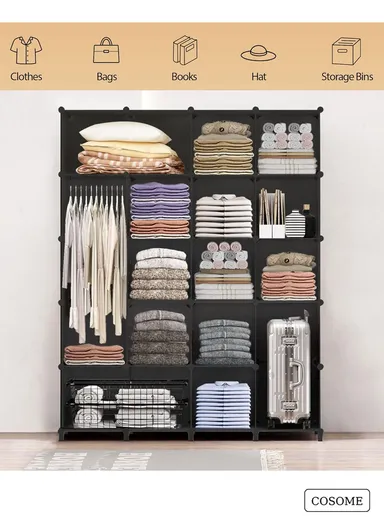 4 Shelves 16 Cubes DIY Clothing Mixed Colors Plastic Storage Cabinet with 3 Hanging Rods (W140 x D35 x H140)cm - Black