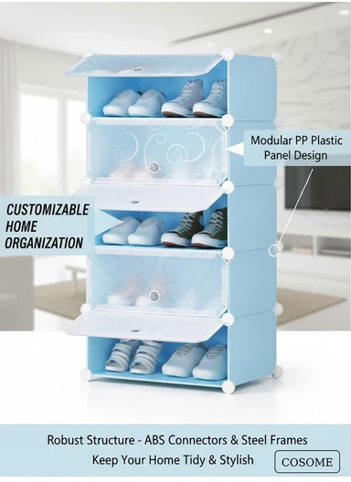 DIY Plastic Storage Shoe Rack 5 Cabinets (W49 x D37 x H93)cm- Blue