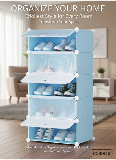 DIY Plastic Storage Shoe Rack 5 Cabinets (W49 x D37 x H93)cm- Blue