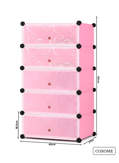 DIY Plastic Storage Shoe Rack 5 Cabinets (W49 x D37 x H93)cm- Pink