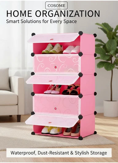 DIY Plastic Storage Shoe Rack 5 Cabinets (W49 x D37 x H93)cm- Pink