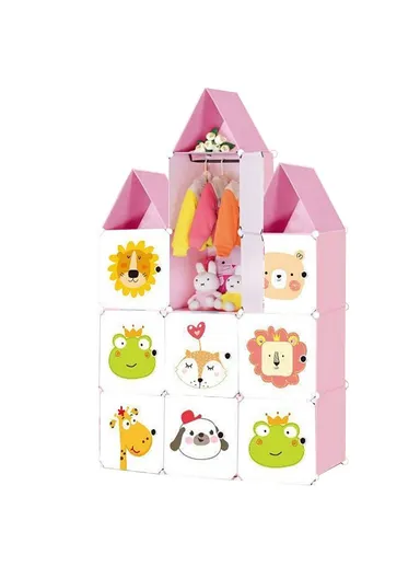 10 Cubes DIY Plastic Storage Cabinet With Castle Design (W105 x D35 x H170)cm - Pink &amp; White