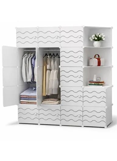 4 Shelves 17 Cubes DIY Clothing Mixed Colors Plastic Storage Cabinet with 2 Hanging Rods (W140 x D35 x H175)cm - White