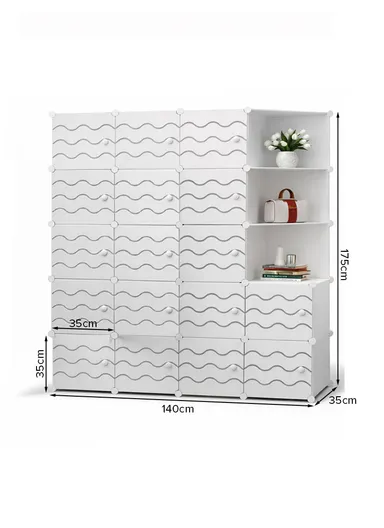 4 Shelves 17 Cubes DIY Clothing Mixed Colors Plastic Storage Cabinet with 2 Hanging Rods (W140 x D35 x H175)cm - White