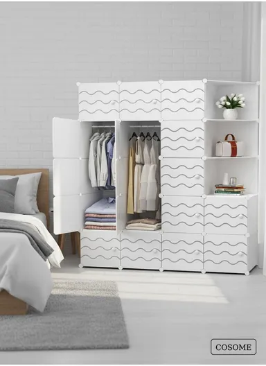 4 Shelves 17 Cubes DIY Clothing Mixed Colors Plastic Storage Cabinet with 2 Hanging Rods (W140 x D35 x H175)cm - White