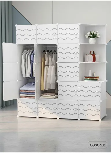 4 Shelves 17 Cubes DIY Clothing Mixed Colors Plastic Storage Cabinet with 2 Hanging Rods (W140 x D35 x H175)cm - White