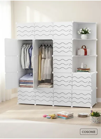 4 Shelves 17 Cubes DIY Clothing Mixed Colors Plastic Storage Cabinet with 2 Hanging Rods (W140 x D35 x H175)cm - White