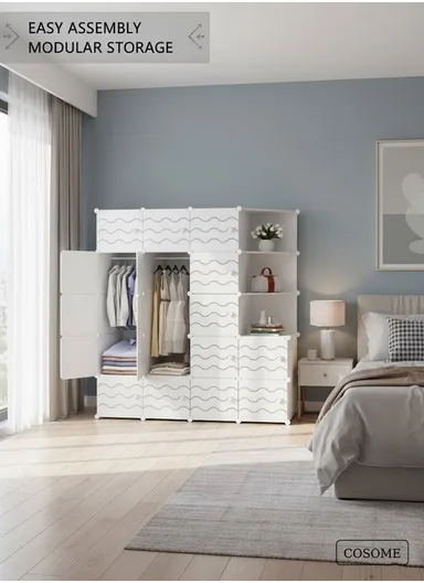 4 Shelves 17 Cubes DIY Clothing Mixed Colors Plastic Storage Cabinet with 2 Hanging Rods (W140 x D35 x H175)cm - White