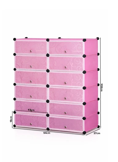 DIY Plastic Storage Shoe Rack 12 Cabinets (W94 x D37 x H108)cm- Pink