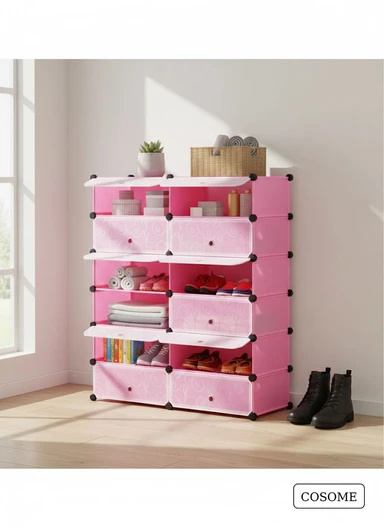 DIY Plastic Storage Shoe Rack 12 Cabinets (W94 x D37 x H108)cm- Pink