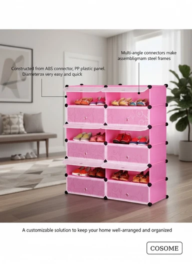 DIY Plastic Storage Shoe Rack 12 Cabinets (W94 x D37 x H108)cm- Pink