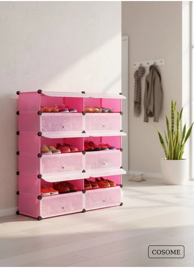 DIY Plastic Storage Shoe Rack 12 Cabinets (W94 x D37 x H108)cm- Pink