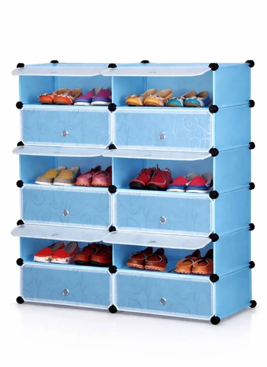 6-Tier Shoe Rack Space Saving 24-Pair Plastic Shoe Units With Doors, Modular Cube Storage, Ideal for Entryway Hallway Bathroom Living Room (W83 x D31 x H105)cm - Blue
