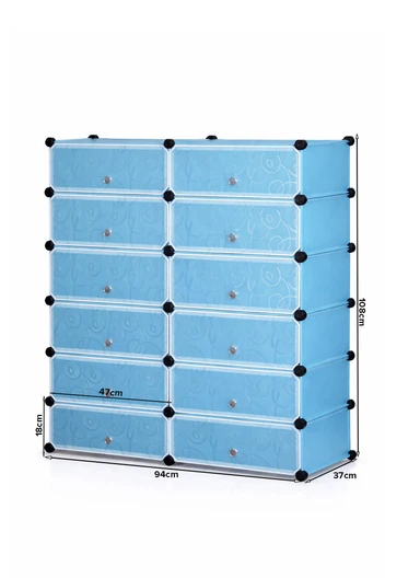 6-Tier Shoe Rack Space Saving 24-Pair Plastic Shoe Units With Doors, Modular Cube Storage, Ideal for Entryway Hallway Bathroom Living Room (W83 x D31 x H105)cm - Blue