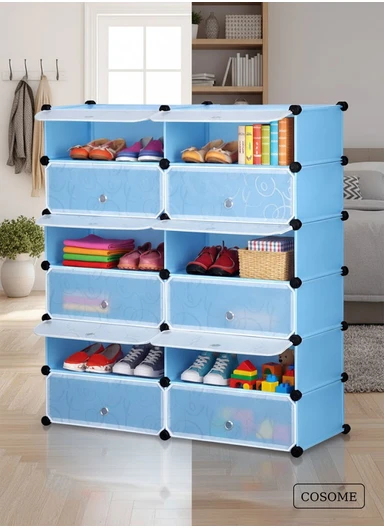 6-Tier Shoe Rack Space Saving 24-Pair Plastic Shoe Units With Doors, Modular Cube Storage, Ideal for Entryway Hallway Bathroom Living Room (W83 x D31 x H105)cm - Blue