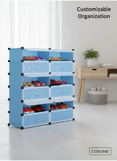 6-Tier Shoe Rack Space Saving 24-Pair Plastic Shoe Units With Doors, Modular Cube Storage, Ideal for Entryway Hallway Bathroom Living Room (W83 x D31 x H105)cm - Blue